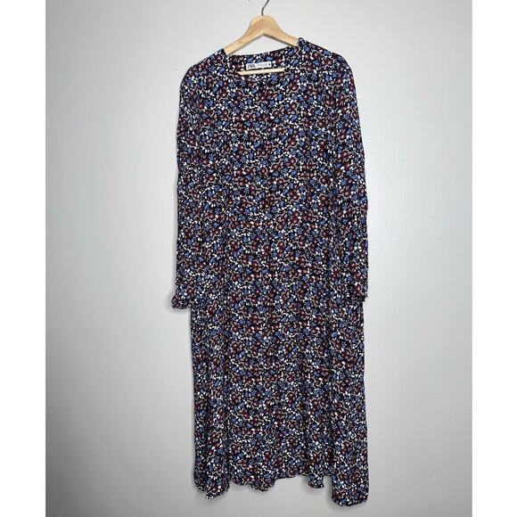 Zara Long Sleeve Floral Midi Dress Burgundy Blue White Print Size XXL Plus - Picture 2 of 7